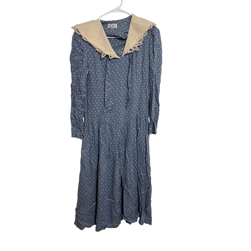 Patty O'Neil Dress Vintage Cottagecore Blue Floral Lace Sailor Collar Size 8